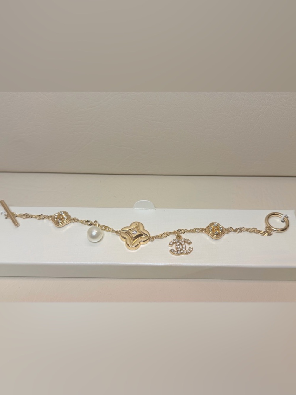 CC/Clover Gold-Tone Charm Bracelet with Pearl and Crystal Logo